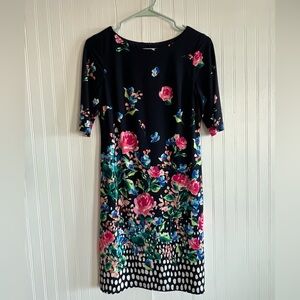 Eliza J Black Dress with Pink and Blue Floral Design